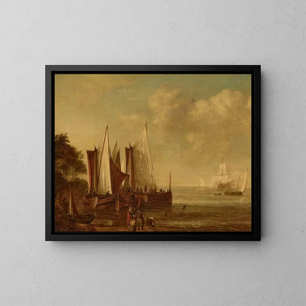 Burchi a vela al largo con figure sulla costa - Lieve Pietersz Verschuier — quadro incorniciato alla parete