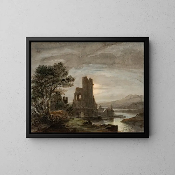 Paesaggio notturno con monastero in rovina - Lluís Rigalt — quadro incorniciato alla parete