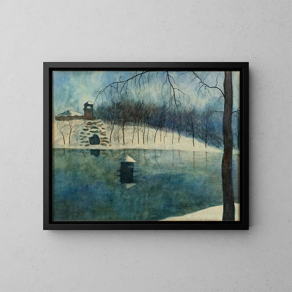 Il parco Léopold di Ostenda con lo stagno e il Trinkhall sotto la neve - Léon Spilliaert — quadro incorniciato alla parete
