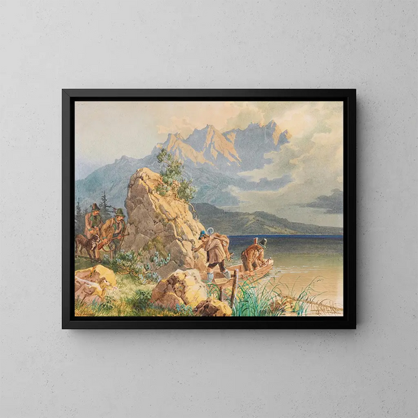Cacciatori e bracconieri al lago Eibsee vicino al Zugspitze - Lorenzo Quaglio — quadro incorniciato alla parete