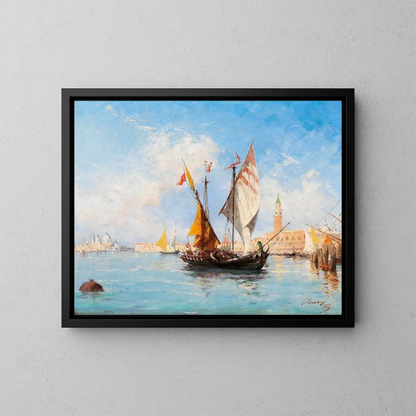 Bateaux a vela a Venezia nel Bacino di San Marco - Louis Claude Mouchot — quadro incorniciato alla parete