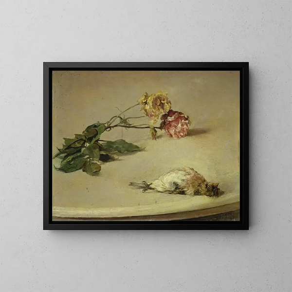 Oiseau mort et deux roses sur une table - Louis Eysen — quadro incorniciato alla parete