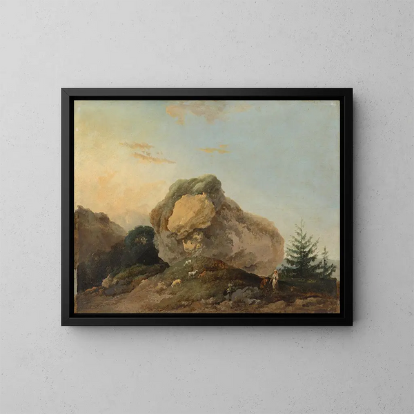 Un paesaggio ondulato con una grande roccia e un pastore e una pastora con il loro gregge - Louis Gabriel Moreau — quadro incorniciato alla parete