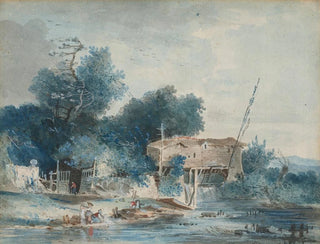 Un paesaggio fluviale con lavandaie vicino a un mulino - Louis Gabriel Moreau — vista dell’opera