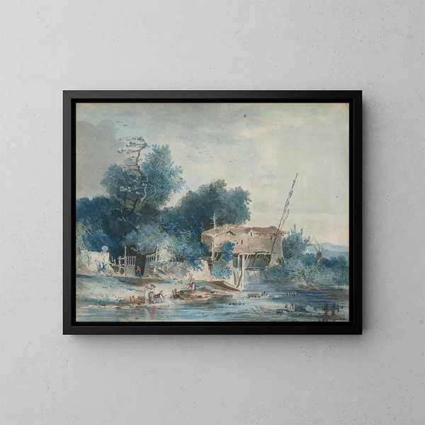 Un paesaggio fluviale con lavandaie vicino a un mulino - Louis Gabriel Moreau — quadro incorniciato alla parete