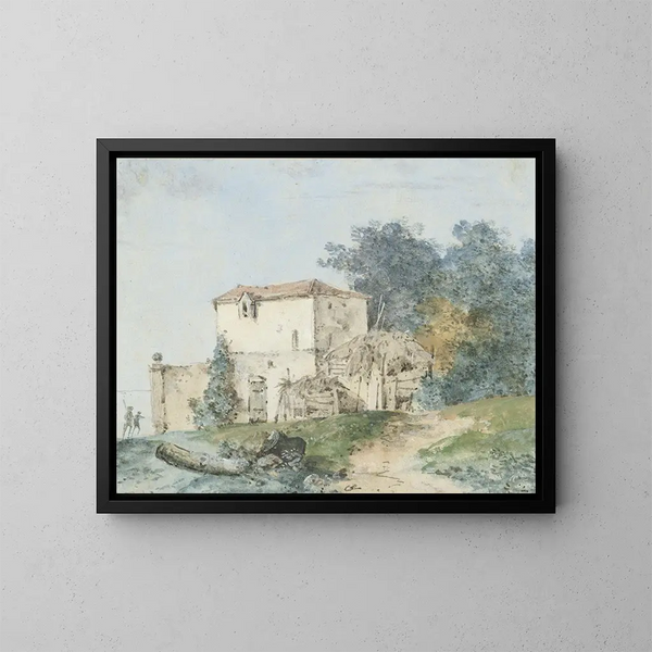 Casa di campagna in un paesaggio - Louis Gabriel Moreau — quadro incorniciato alla parete