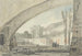 Vista sotto un ponte verso terrazze e una scala - Louis Gabriel Moreau — vista dell’opera