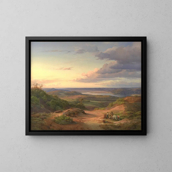 Un paesaggio vicino a Himmelbjerget, Jutland. In primo piano, una famiglia gitana. - Louis Gurlitt — quadro incorniciato alla parete
