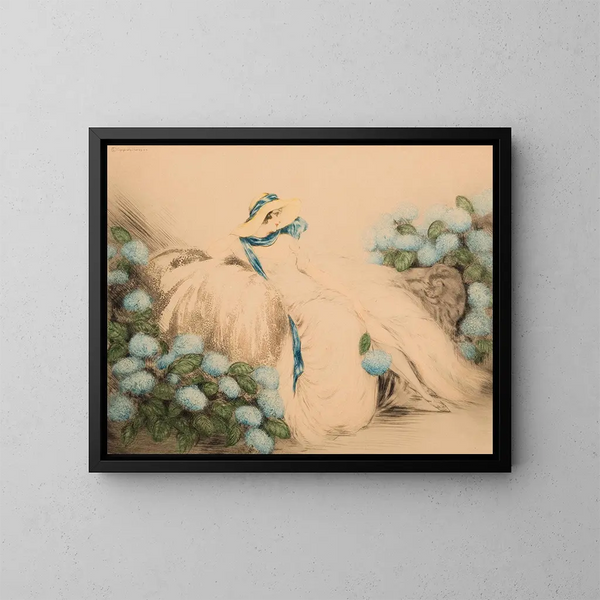 Dame aux fleurs bleues - Louis Icart — quadro incorniciato alla parete