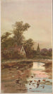 Ponte su un ruscello con un cottage e una chiesa sullo sfondo - Louis Kinney Harlow — vista dell’opera