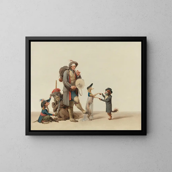 La pièce curieuse: un addestratore di animali con cani danzanti, un orso e una scimmia - Louis Léopold Boilly — quadro incorniciato alla parete