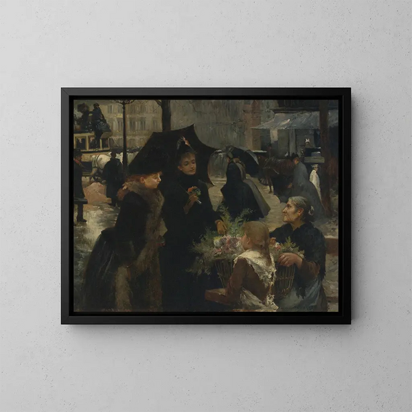 Venditrice di fiori sotto la pioggia - Louis Marie de Schryver — quadro incorniciato alla parete