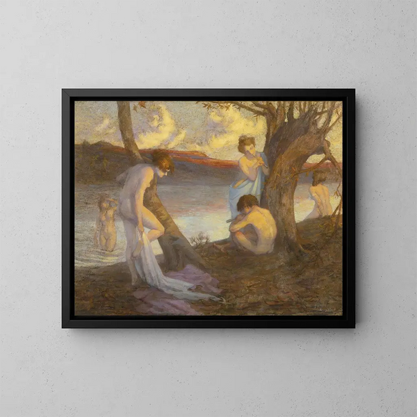 Bagnanti sul bordo di un fiume - Louis Marie Henri Raoul Prat — quadro incorniciato alla parete