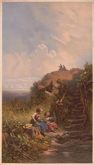 Louis Prang - Two young girls weaving strands of flowers.webp