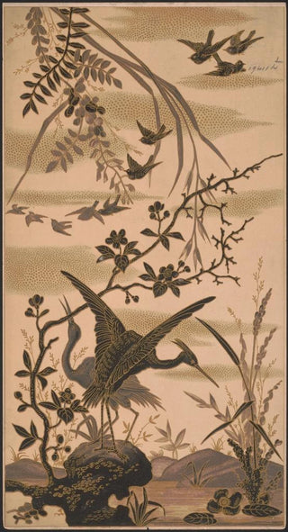 Louis Prang Co - Two cranes and several smaller birds.webp