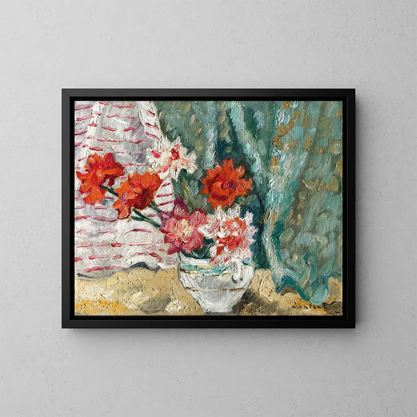 Bouquet davanti a una tenda verde - Louis Valtat — quadro incorniciato alla parete