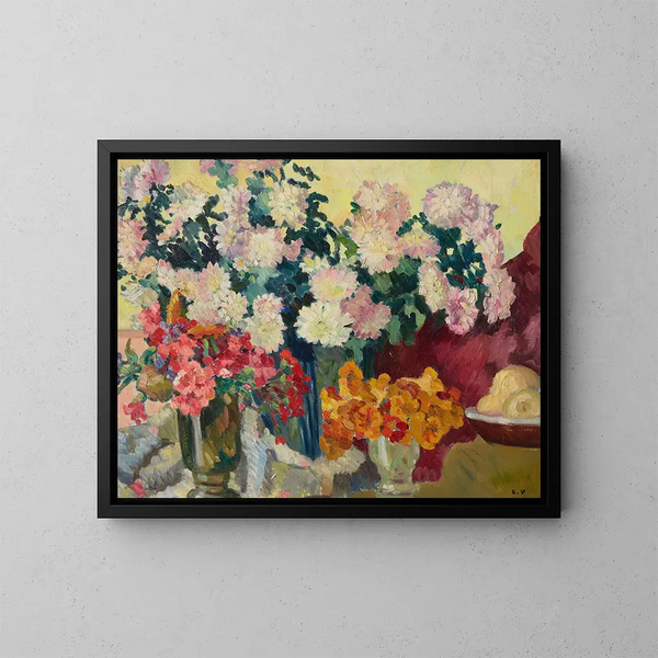 Tre vasi di fiori e piatto di mele - Louis Valtat — quadro incorniciato alla parete