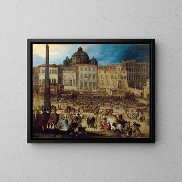 Vista di Piazza San Pietro a Roma durante l'elezione del papa Clemente VIII nel 1592 - Louis de Caulery — quadro incorniciato alla parete