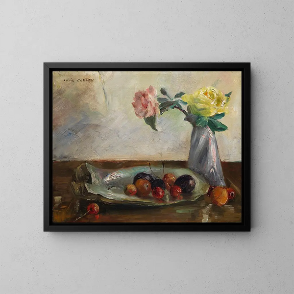 Nature morte con fiori in un vaso, una conchiglia e frutta - Lovis Corinth — quadro incorniciato alla parete
