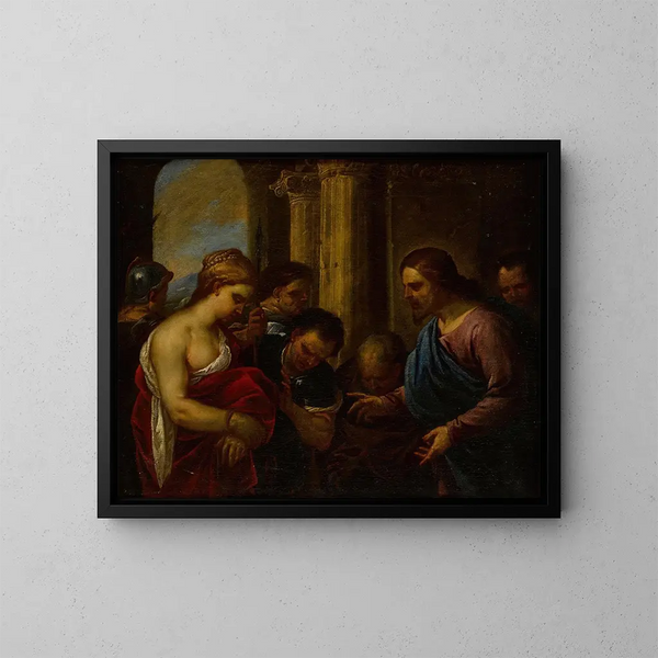 Il Cristo e la donna adultera - Luca Giordano — quadro incorniciato alla parete