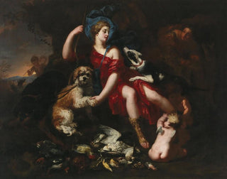 Lucas Franchoys the Younger - Diana resting with her hunting dogs and putti.webp
