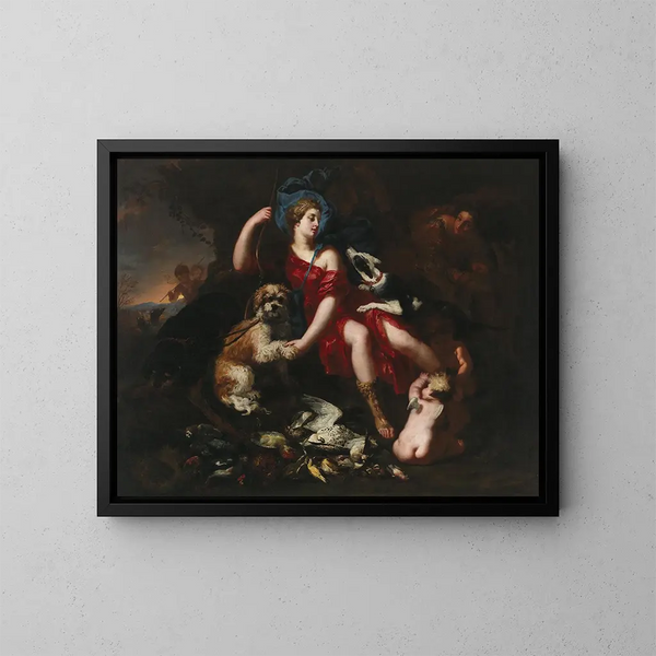 Diane che riposa con i suoi cani da caccia e putti - Lucas Franchoys il Giovane — quadro incorniciato alla parete