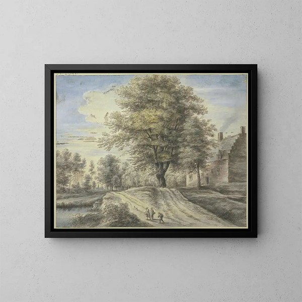 Davanti a una casa, un grande albero, tre figure e un cane - Lucas van Uden — quadro incorniciato alla parete