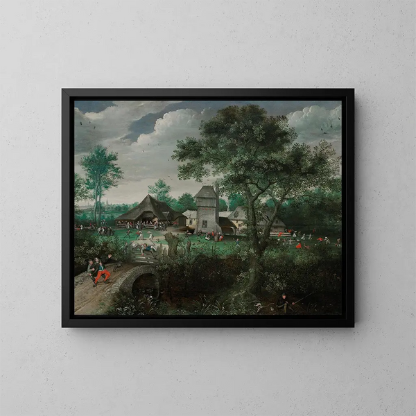 Un paesaggio con un matrimonio di contadini e una festa paesana oltre Anversa - Lucas van Valckenborch — quadro incorniciato alla parete