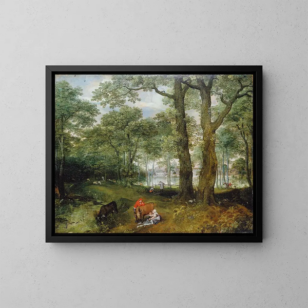 Animali al pascolo sotto gli alberi - Lucas van Valckenborch — quadro incorniciato alla parete