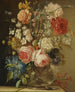Una natura morta con rose, giacinto e altri fiori in un vaso di vetro su un davanzale di pietra - Ludovico Stern — vista dell’opera