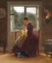 Interno con una donna seduta mentre cuce davanti alla finestra mentre legge una lettera - Ludvig August Smith — vista dell’opera