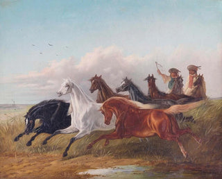 Ludwig Kbler - Zwei junge ungarische Reiter treiben Wildpferde in der Puszta vor sich her.webp