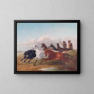 Ludwig Kbler - Zwei junge ungarische Reiter treiben Wildpferde in der Puszta vor sich her.webp