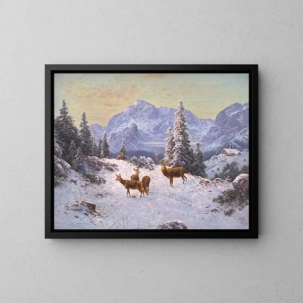 Cervo con un gregge in inverno - Ludwig Sckell — quadro incorniciato alla parete