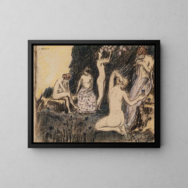 Paesaggio con cinque donne nude - Ludwig von Hofmann — quadro incorniciato alla parete