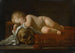 Scena di vanità con un bambino addormentato su un cuscino di velluto rosso, una clessidra e un cranio - Luigi Miradori — vista dell’opera