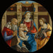 Madonna e bambino con un santo maschile, Caterina d'Alessandria, e un donatore - Michelangelo di Pietro Membrini — ambientato in un interno