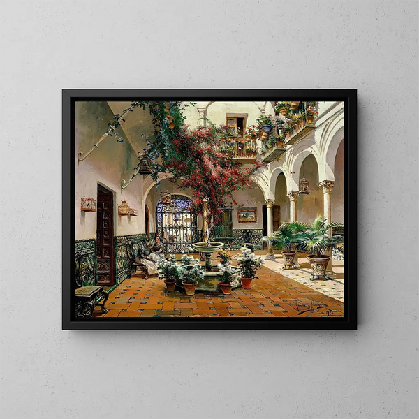 Interno del cortile di Siviglia - Manuel García y Rodríguez — quadro incorniciato alla parete