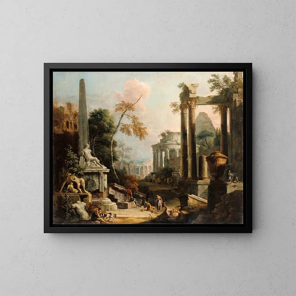 Paesaggio con rovine classiche e figure - Marco Ricci — quadro incorniciato alla parete