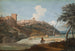 Vista di una città italiana su una collina con un cavaliere e contadini al lavoro - Marco Ricci — vista dell’opera