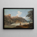 Vista di una città italiana su una collina con un cavaliere e contadini al lavoro - Marco Ricci — quadro incorniciato alla parete