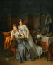 Due signore in un interno che legge una lettera con un cane su una panchina che si guarda nello specchio - Marguerite Gérard — vista dell’opera