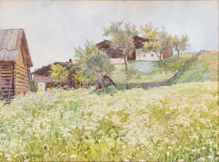 Marie Egner - Farm houses a white blooming field in front of it.webp