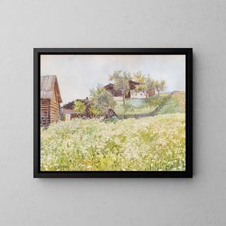 Marie Egner - Farm houses a white blooming field in front of it.webp
