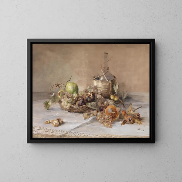 Nature morte con frutta e una bottiglia di Chianti - Marie Egner — quadro incorniciato alla parete