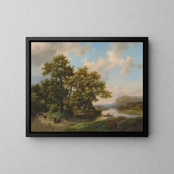 Bateaux su un lago, paesaggio estivo - Marinus Adrianus Koekkoek — quadro incorniciato alla parete