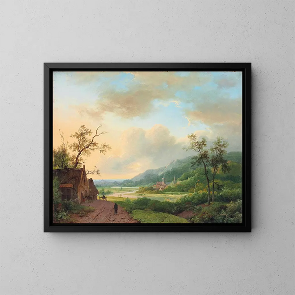 Viaggiatori su un sentiero lungo il fiume al tramonto - Marinus Adrianus Koekkoek — quadro incorniciato alla parete