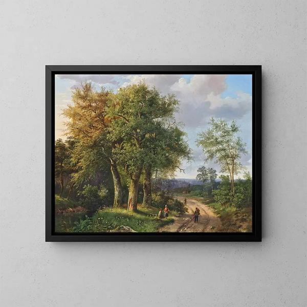 Viaggiatori che si riposano vicino a un sentiero boscoso - Marinus Adrianus Koekkoek — quadro incorniciato alla parete