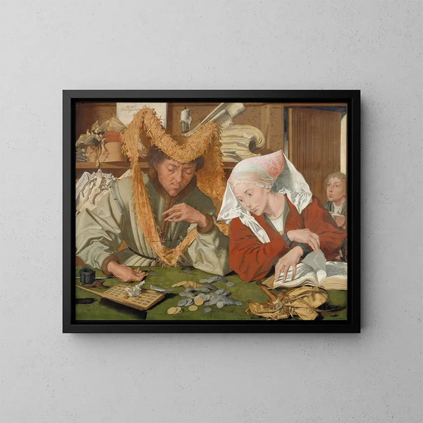 Il mercante e sua moglie - Marinus van Reymerswaele — quadro incorniciato alla parete