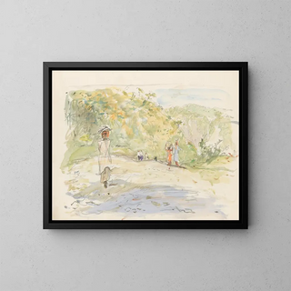 Marius Bauer - Heuvellandschap met figuren bij de oever van een rivier.webp
